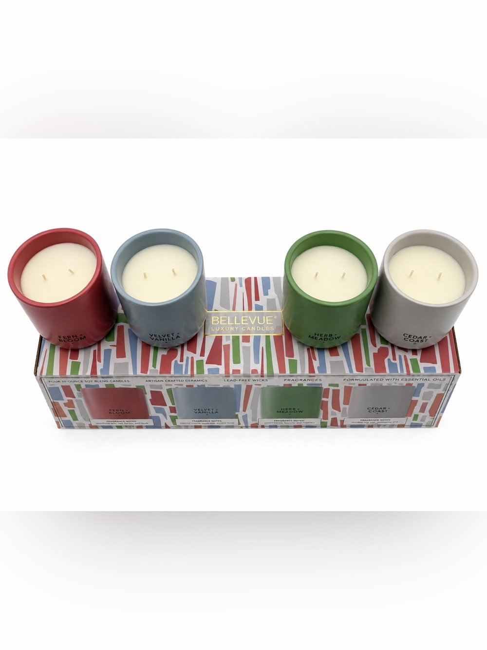 Bellevue Luxury Candles 4 Pc Soy Blend Candle Set 10 oz Ceramic Jars NEW